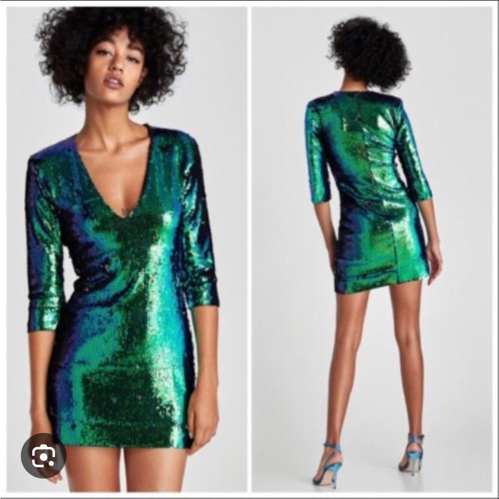 Zara Black and Green Sequin Long Sleeve Dress